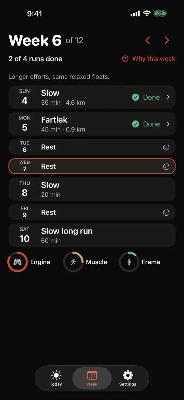 The Week screen: two finished runs marked Done, a rest day, upcoming sessions, and the Engine, Muscle and Frame rings.
