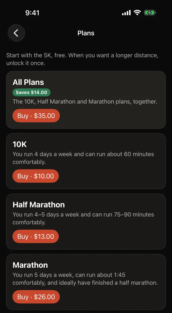 The Plans screen with All Plans, 10K, Half Marathon and Marathon purchases and their prices.