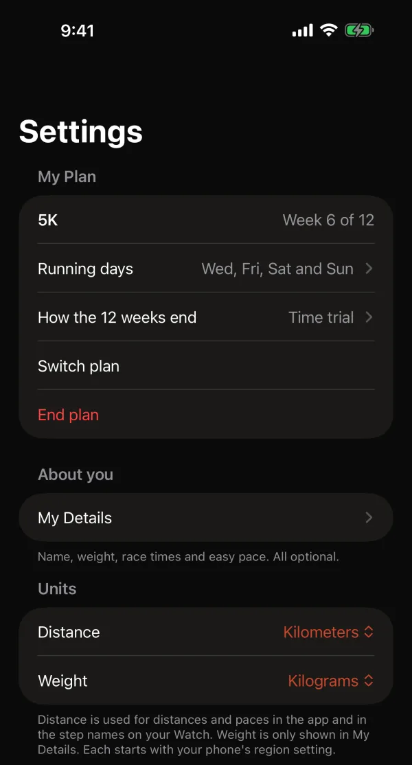 Settings, My Plan: the running plan, running days, how the 12 weeks end, and Switch plan.