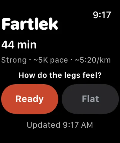 The Shway Shway app on Apple Watch showing today's fartlek session with Ready and Flat buttons.